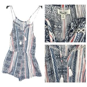 Mudd Paisley Tassel Halter Romper Womens M Blue Red White Boho Sleeveless Indie